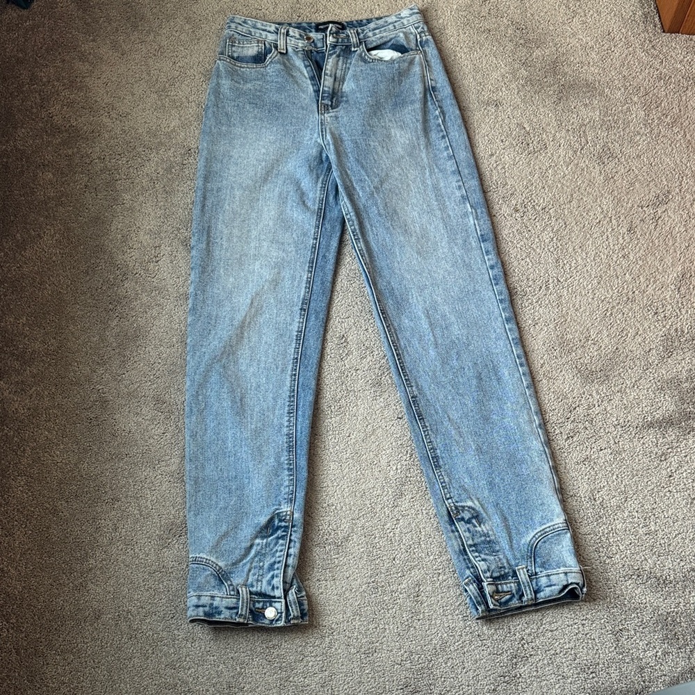 PrettyLittleThing High Rise Blue Jeans Button Hem Straight Leg SIZE UK 6